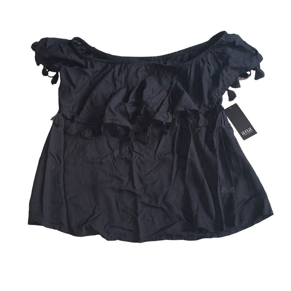 NWT A New Approach Black Off Shoulder Tassel Top Blouse